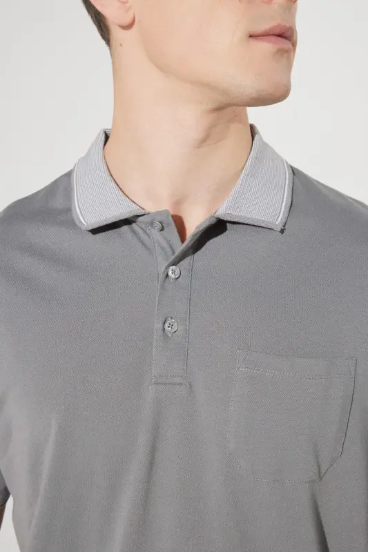 Erkek Çekmeyen Pamuklu Kumaş Comfort Fit Rahat Kesim Gri-gri Polo Yaka Cepli Tişört-GRI - 6