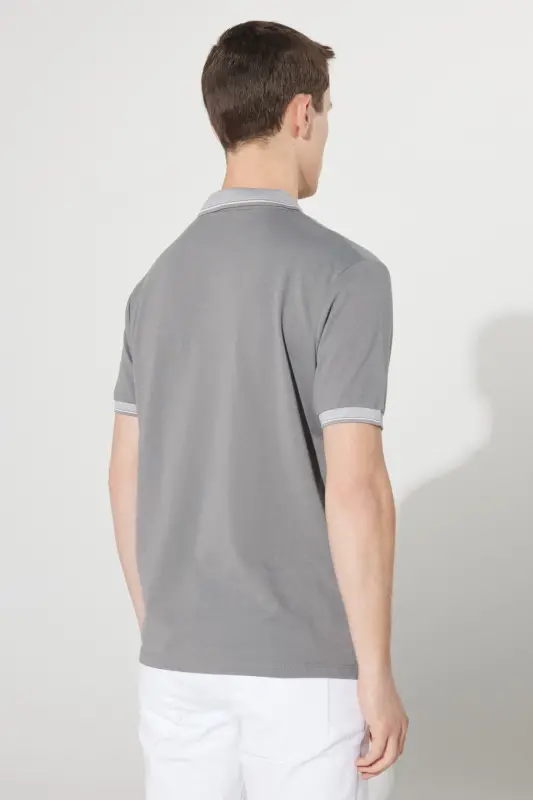 Erkek Çekmeyen Pamuklu Kumaş Comfort Fit Rahat Kesim Gri-gri Polo Yaka Cepli Tişört-GRI - 7