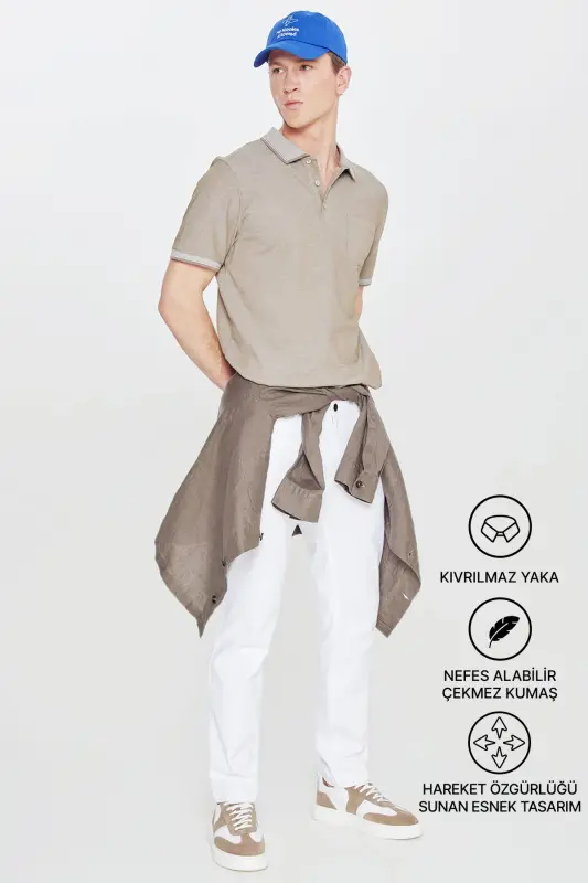 Erkek Çekmeyen Pamuklu Kumaş Comfort Fit Rahat Kesim Nefti-beyaz Kıvrılmaz Polo Yaka Cepli Tişört - NEFTI-BEYAZ - 1