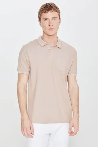 Erkek Çekmeyen Pamuklu Kumaş Comfort Fit Rahat Kesim Vizon Kıvrılmaz Polo Yaka Cepli Tişört - Vizon 