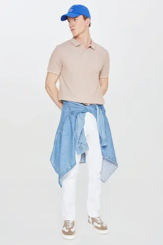 Erkek Çekmeyen Pamuklu Kumaş Comfort Fit Rahat Kesim Vizon Kıvrılmaz Polo Yaka Cepli Tişört - Vizon - AC&CO / ALTINYILDIZ CLASSICS (1)