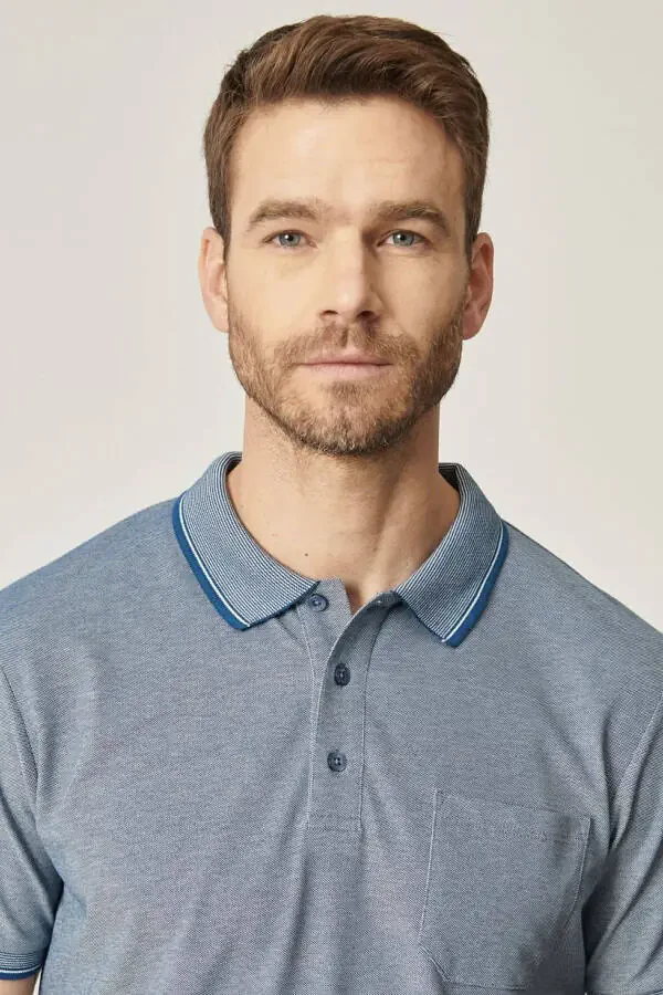 Erkek Çekmeyen Pamuklu Kumaş Comfort Fit Rahat Kesim Indigo-beyaz Kıvrılmaz Polo Yaka Cepli Tişört-INDIGO - 2
