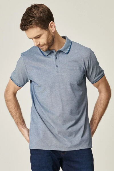 Erkek Çekmeyen Pamuklu Kumaş Comfort Fit Rahat Kesim Indigo-beyaz Kıvrılmaz Polo Yaka Cepli Tişört-INDIGO - 4