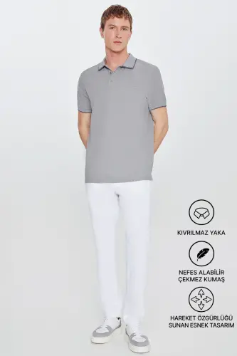 Erkek Çekmeyen Pamuklu Kumaş Regular Fit Rahat Kesim Gri Kıvrılmaz Polo Yaka Cepli Tişört - Gri 