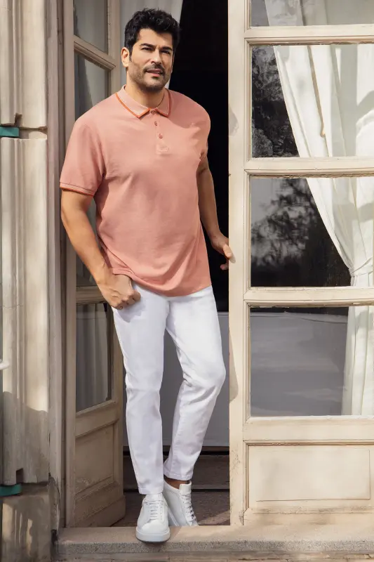 Erkek Çekmeyen Pamuklu Kumaş Regular Fit Rahat Kesim Kiremit-bej Kıvrılmaz Polo Yaka Cepli Tişört - KIREMIT-BEJ - 2