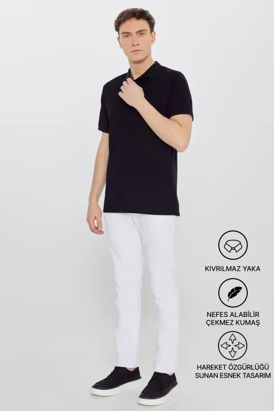 Erkek Çekmeyen Pamuklu Kumaş Regular Fit Rahat Kesim Koyu Siyah Kıvrılmaz Polo Yaka Cepli Tişört - Koyu Siyah - 2