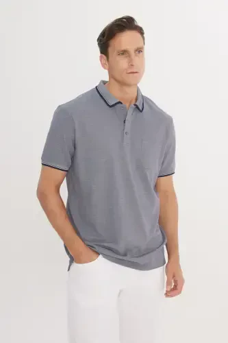 Erkek Çekmeyen Pamuklu Kumaş Regular Fit Rahat Kesim Lacivert Kıvrılmaz Polo Yaka Cepli Tişört-Lacivert - 1