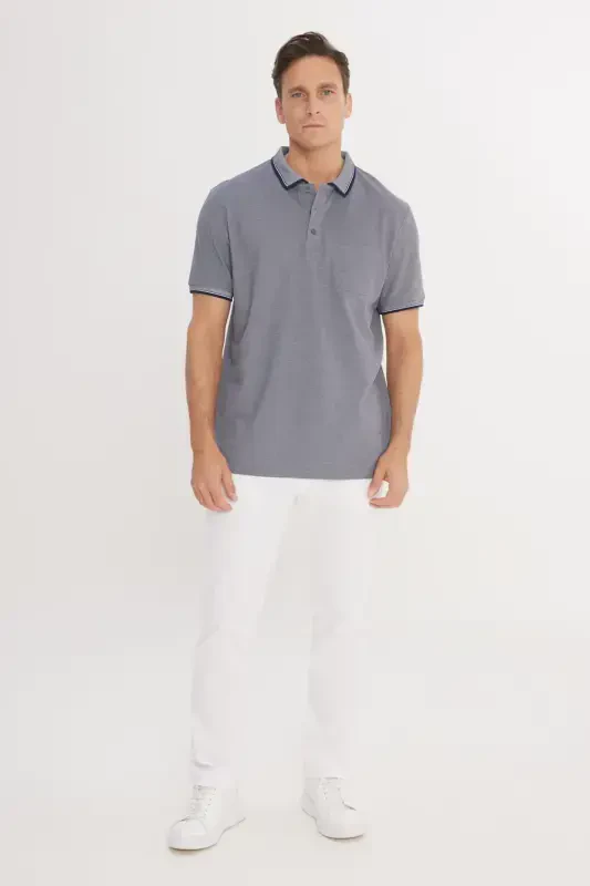 Erkek Çekmeyen Pamuklu Kumaş Regular Fit Rahat Kesim Lacivert Kıvrılmaz Polo Yaka Cepli Tişört-Lacivert - 2