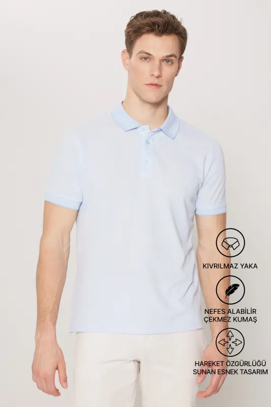 Erkek Çekmeyen Pamuklu Kumaş Slim Fit Dar Kesim Açık Mavi Kıvrılmaz Polo Yaka Tişört - Açık Mavi - 2
