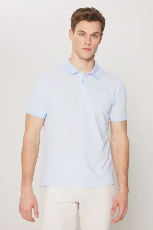Erkek Çekmeyen Pamuklu Kumaş Slim Fit Dar Kesim Açık Mavi Kıvrılmaz Polo Yaka Tişört-Açık Mavi - 2