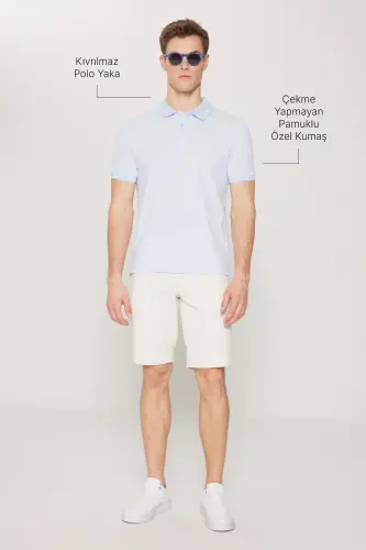 Erkek Çekmeyen Pamuklu Kumaş Slim Fit Dar Kesim Açık Mavi Kıvrılmaz Polo Yaka Tişört-Açık Mavi - 3