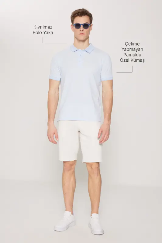 Erkek Çekmeyen Pamuklu Kumaş Slim Fit Dar Kesim Açık Mavi Kıvrılmaz Polo Yaka Tişört-Açık Mavi - 3