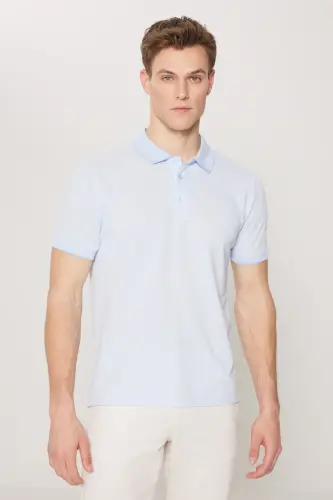 Erkek Çekmeyen Pamuklu Kumaş Slim Fit Dar Kesim Açık Mavi Kıvrılmaz Polo Yaka Tişört-Açık Mavi - 5