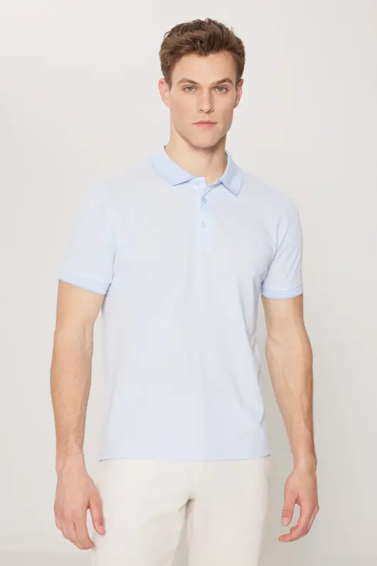Erkek Çekmeyen Pamuklu Kumaş Slim Fit Dar Kesim Açık Mavi Kıvrılmaz Polo Yaka Tişört-Açık Mavi - 5