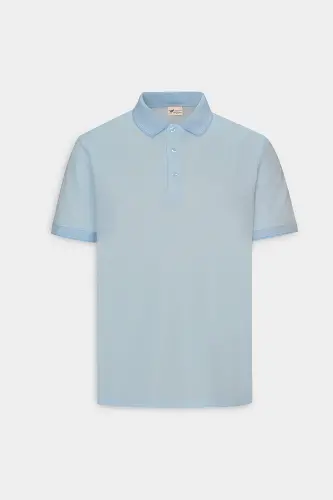 Erkek Çekmeyen Pamuklu Kumaş Slim Fit Dar Kesim Açık Mavi Kıvrılmaz Polo Yaka Tişört-Açık Mavi - 8