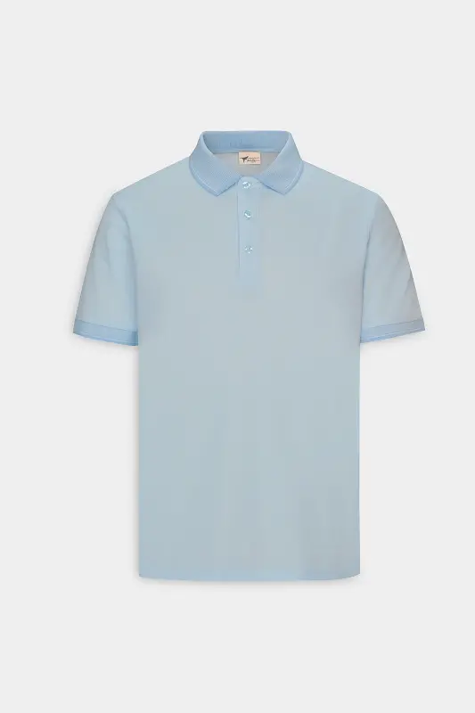 Erkek Çekmeyen Pamuklu Kumaş Slim Fit Dar Kesim Açık Mavi Kıvrılmaz Polo Yaka Tişört-Açık Mavi - 8