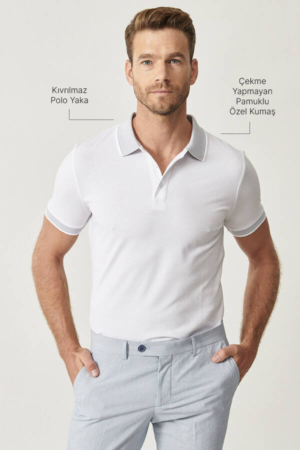 Erkek Çekmeyen Pamuklu Kumaş Slim Fit Dar Kesim Beyaz Kıvrılmaz Polo Yaka T-shirt - 8