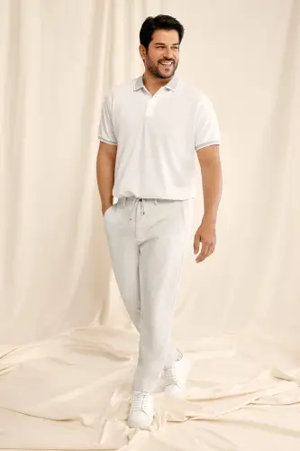 Erkek Çekmeyen Pamuklu Kumaş Slim Fit Dar Kesim Beyaz Kıvrılmaz Polo Yaka T-shirt-Beyaz 