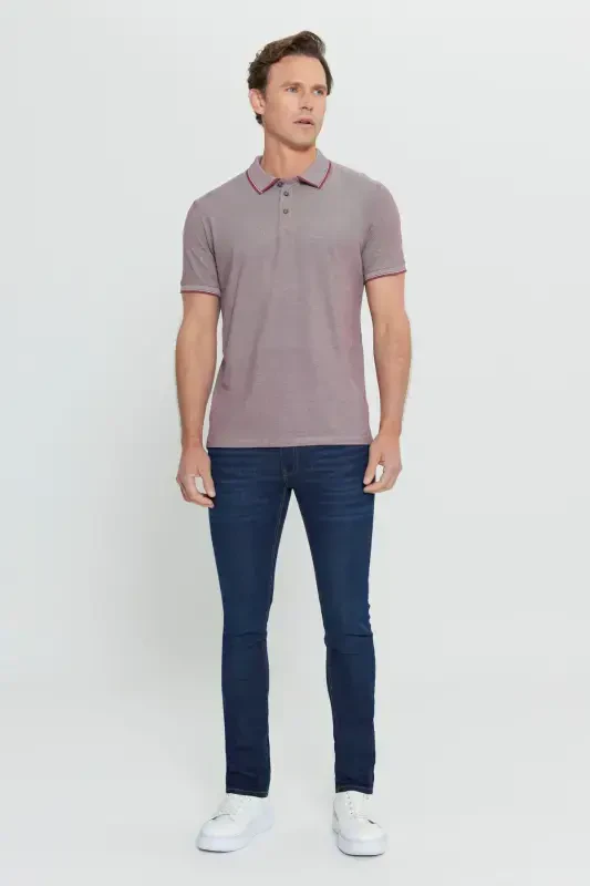 Erkek Çekmeyen Pamuklu Kumaş Slim Fit Dar Kesim Bordo Kıvrılmaz Polo Yaka T-shirt-Bordo - 2