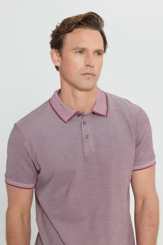 Erkek Çekmeyen Pamuklu Kumaş Slim Fit Dar Kesim Bordo Kıvrılmaz Polo Yaka T-shirt-Bordo - 5