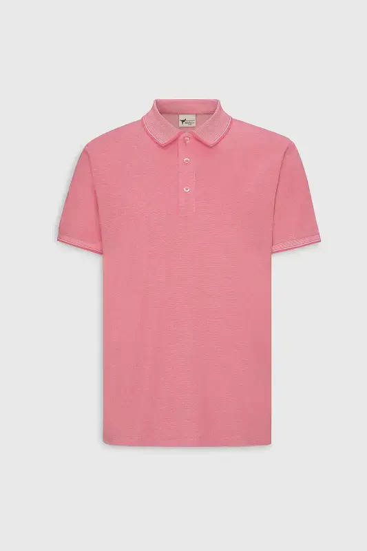 Erkek Çekmeyen Pamuklu Kumaş Slim Fit Dar Kesim Fuşya-Beyaz Kıvrılmaz Polo Yaka Tişört-FUSYA - 7