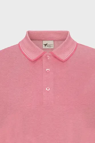 Erkek Çekmeyen Pamuklu Kumaş Slim Fit Dar Kesim Fuşya-Beyaz Kıvrılmaz Polo Yaka Tişört-FUSYA - 8