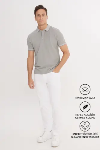 Erkek Çekmeyen Pamuklu Kumaş Slim Fit Dar Kesim Gri Kıvrılmaz Polo Yaka Tişört - Gri - 8