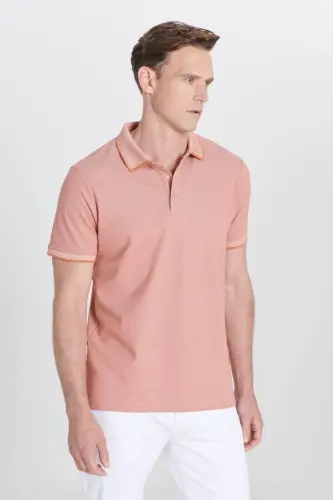 Erkek Çekmeyen Pamuklu Kumaş Slim Fit Dar Kesim Kiremit-Bej Kıvrılmaz Polo Yaka Tişört - KIREMIT-BEJ - 6