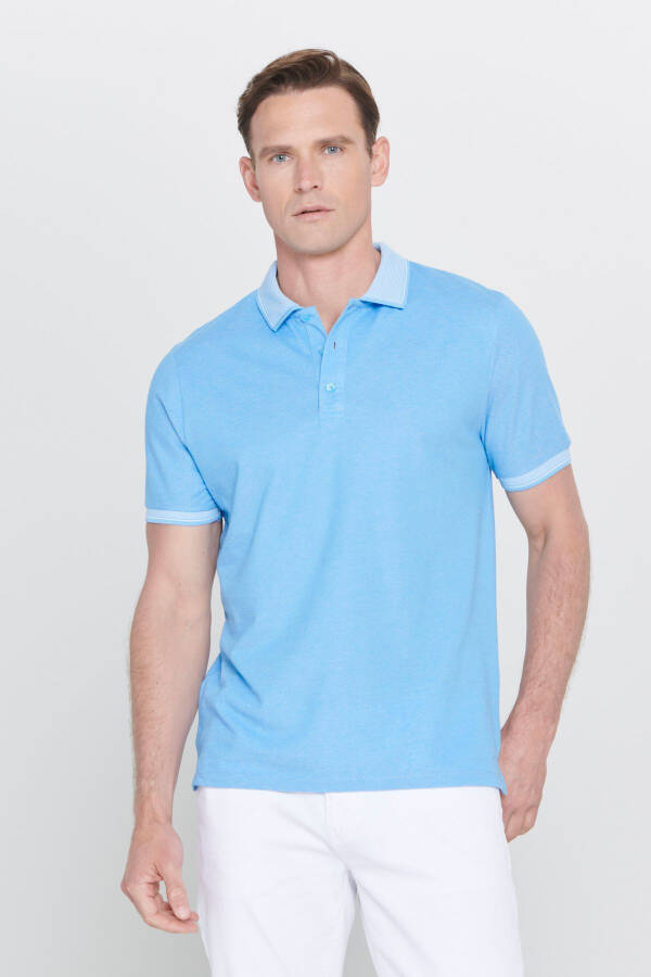 Erkek Çekmeyen Pamuklu Kumaş Slim Fit Dar Kesim Mavi Kıvrılmaz Polo Yaka Tişört-Mavi - 1