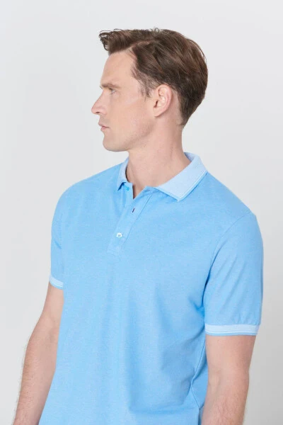 Erkek Çekmeyen Pamuklu Kumaş Slim Fit Dar Kesim Mavi Kıvrılmaz Polo Yaka Tişört-Mavi - 5