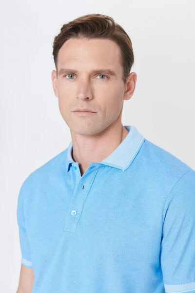 Erkek Çekmeyen Pamuklu Kumaş Slim Fit Dar Kesim Mavi Kıvrılmaz Polo Yaka Tişört-Mavi - 6