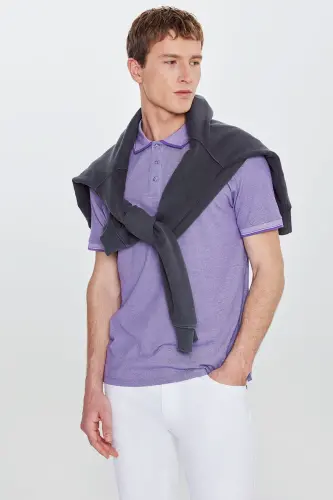 Erkek Çekmeyen Pamuklu Kumaş Slim Fit Dar Kesim Mor-Beyaz Kıvrılmaz Polo Yaka Tişört - Mor-Beyaz - 6