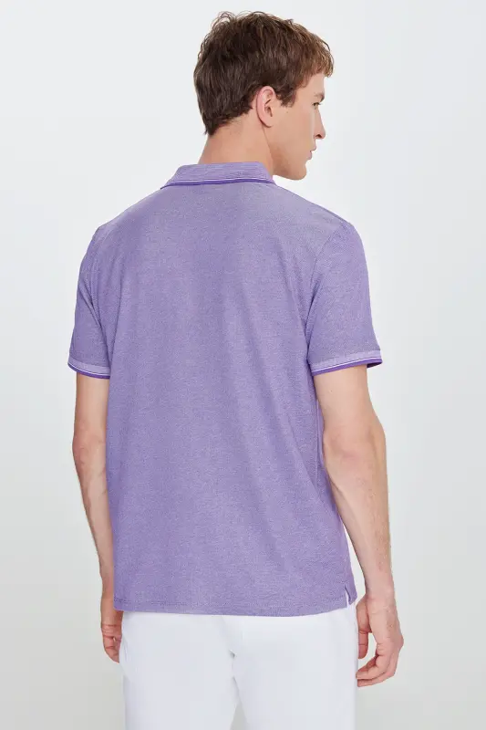 Erkek Çekmeyen Pamuklu Kumaş Slim Fit Dar Kesim Mor-Beyaz Kıvrılmaz Polo Yaka Tişört - Mor-Beyaz - 8