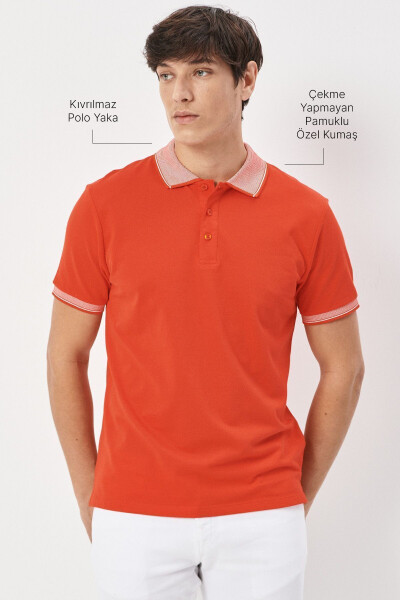 Erkek Çekmeyen Pamuklu Kumaş Slim Fit Dar Kesim Narçiçeği Kıvrılmaz Polo Yaka Tişört-Nar Çiçeği - 3