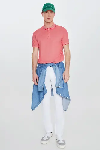 Erkek Çekmeyen Pamuklu Kumaş Slim Fit Dar Kesim Narçiçeği-Beyaz Kıvrılmaz Polo Yaka Tişört - NARCICEGI-BEYAZ - 4