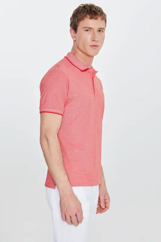 Erkek Çekmeyen Pamuklu Kumaş Slim Fit Dar Kesim Narçiçeği-Beyaz Kıvrılmaz Polo Yaka Tişört - NARCICEGI-BEYAZ - 5