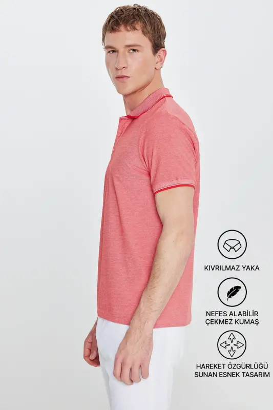 Erkek Çekmeyen Pamuklu Kumaş Slim Fit Dar Kesim Narçiçeği-Beyaz Kıvrılmaz Polo Yaka Tişört - NARCICEGI-BEYAZ - 10