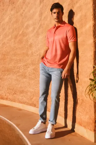 Erkek Çekmeyen Pamuklu Kumaş Slim Fit Dar Kesim Narçiçeği-Beyaz Kıvrılmaz Polo Yaka Tişört-NARCICEGI 