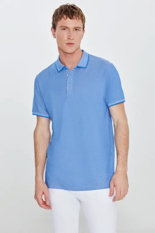 Erkek Çekmeyen Pamuklu Kumaş Slim Fit Dar Kesim Saks-Beyaz Kıvrılmaz Polo Yaka Tişört - SAKS BEYAZ - AC&CO / ALTINYILDIZ CLASSICS