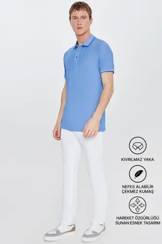 Erkek Çekmeyen Pamuklu Kumaş Slim Fit Dar Kesim Saks-Beyaz Kıvrılmaz Polo Yaka Tişört - SAKS BEYAZ - 3