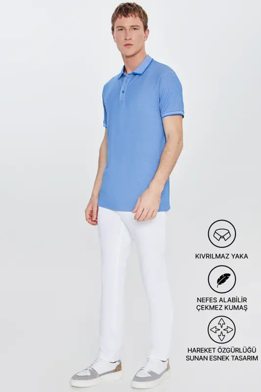 Erkek Çekmeyen Pamuklu Kumaş Slim Fit Dar Kesim Saks-Beyaz Kıvrılmaz Polo Yaka Tişört - SAKS BEYAZ - 3