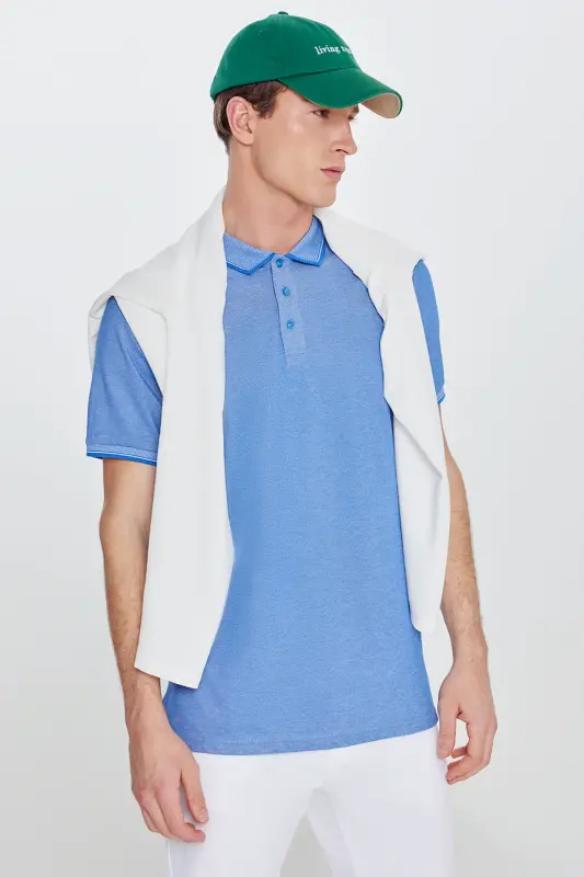 Erkek Çekmeyen Pamuklu Kumaş Slim Fit Dar Kesim Saks-Beyaz Kıvrılmaz Polo Yaka Tişört - SAKS BEYAZ - 5