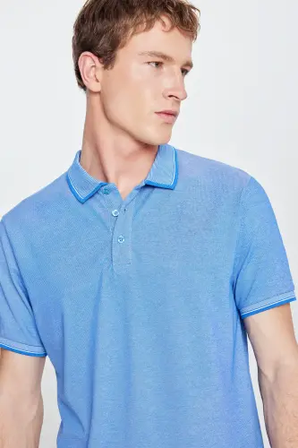 Erkek Çekmeyen Pamuklu Kumaş Slim Fit Dar Kesim Saks-Beyaz Kıvrılmaz Polo Yaka Tişört - SAKS BEYAZ - 6
