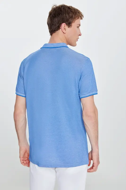 Erkek Çekmeyen Pamuklu Kumaş Slim Fit Dar Kesim Saks-Beyaz Kıvrılmaz Polo Yaka Tişört - SAKS BEYAZ - 7