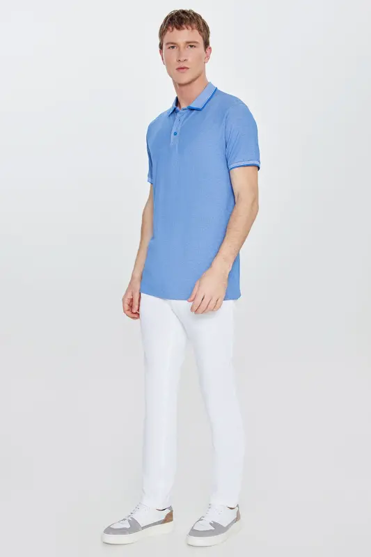 Erkek Çekmeyen Pamuklu Kumaş Slim Fit Dar Kesim Saks-Beyaz Kıvrılmaz Polo Yaka Tişört - SAKS BEYAZ - 10