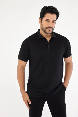 Erkek Çekmeyen Pamuklu Kumaş Slim Fit Dar Kesim Simsiyah Kıvrılmaz Polo Yaka T-shirt - Simsiyah 
