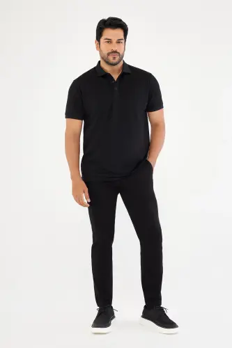 Erkek Çekmeyen Pamuklu Kumaş Slim Fit Dar Kesim Simsiyah Kıvrılmaz Polo Yaka T-shirt - Simsiyah - 4