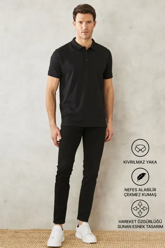 Erkek Çekmeyen Pamuklu Kumaş Slim Fit Dar Kesim Simsiyah Kıvrılmaz Polo Yaka T-shirt - Simsiyah - 10