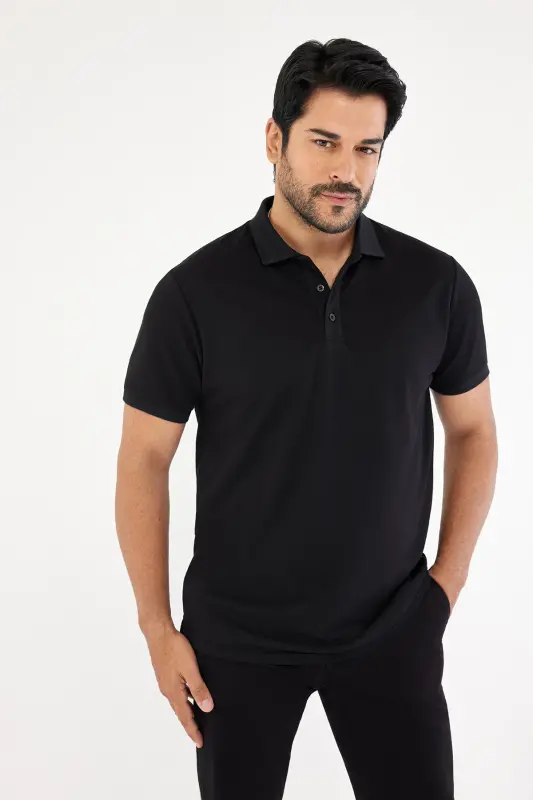 Erkek Çekmeyen Pamuklu Kumaş Slim Fit Dar Kesim Simsiyah Kıvrılmaz Polo Yaka T-shirt-Simsiyah - 1
