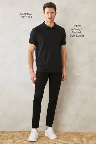 Erkek Çekmeyen Pamuklu Kumaş Slim Fit Dar Kesim Simsiyah Kıvrılmaz Polo Yaka T-shirt-Simsiyah - 3